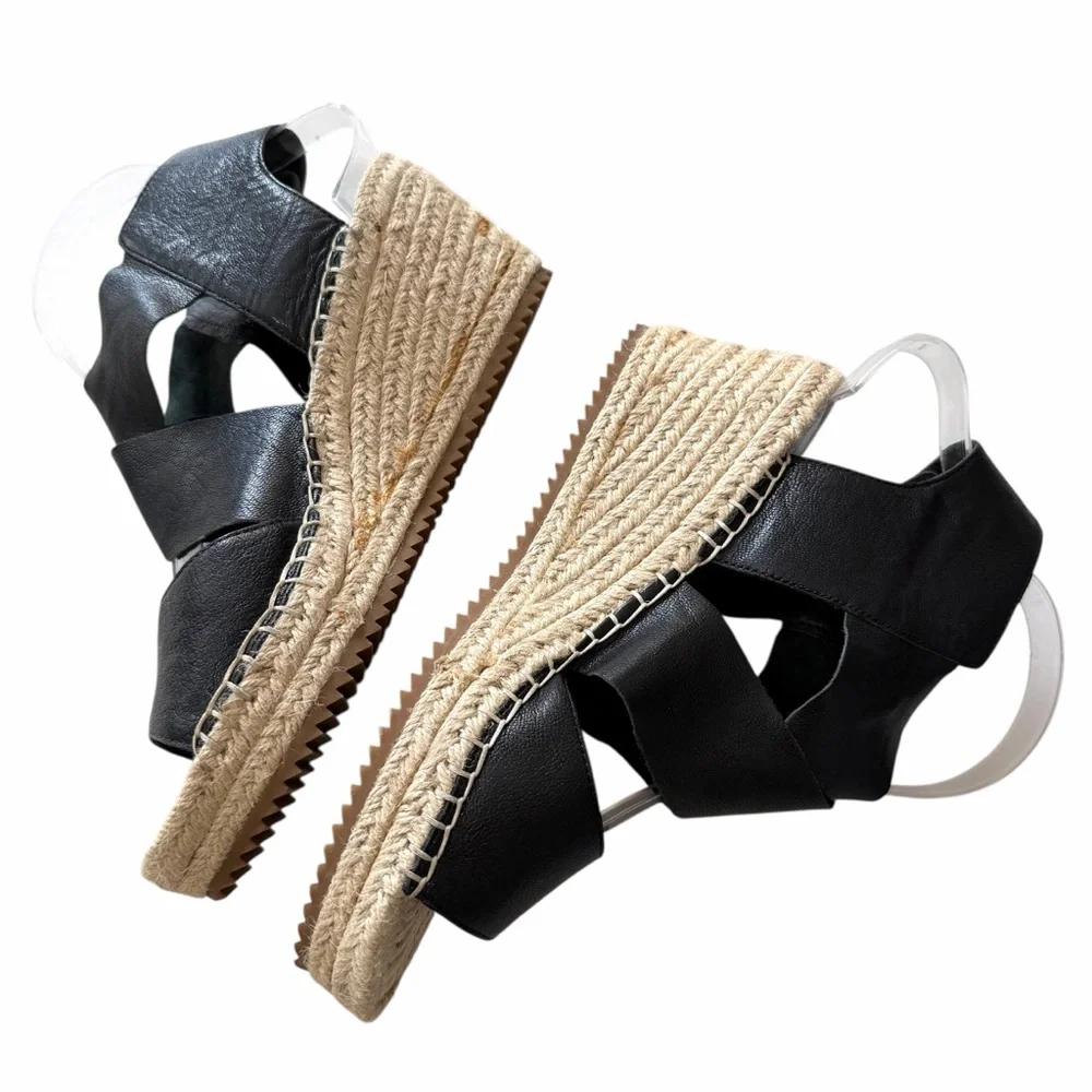 Eileen Fisher Willow Black Wedge Espadrille Platform Leather Sandals Size 8